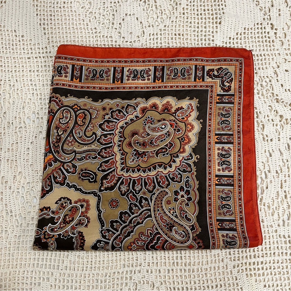 Vintage Square Brown with Orange Trim Scarf - Picture 2 of 5